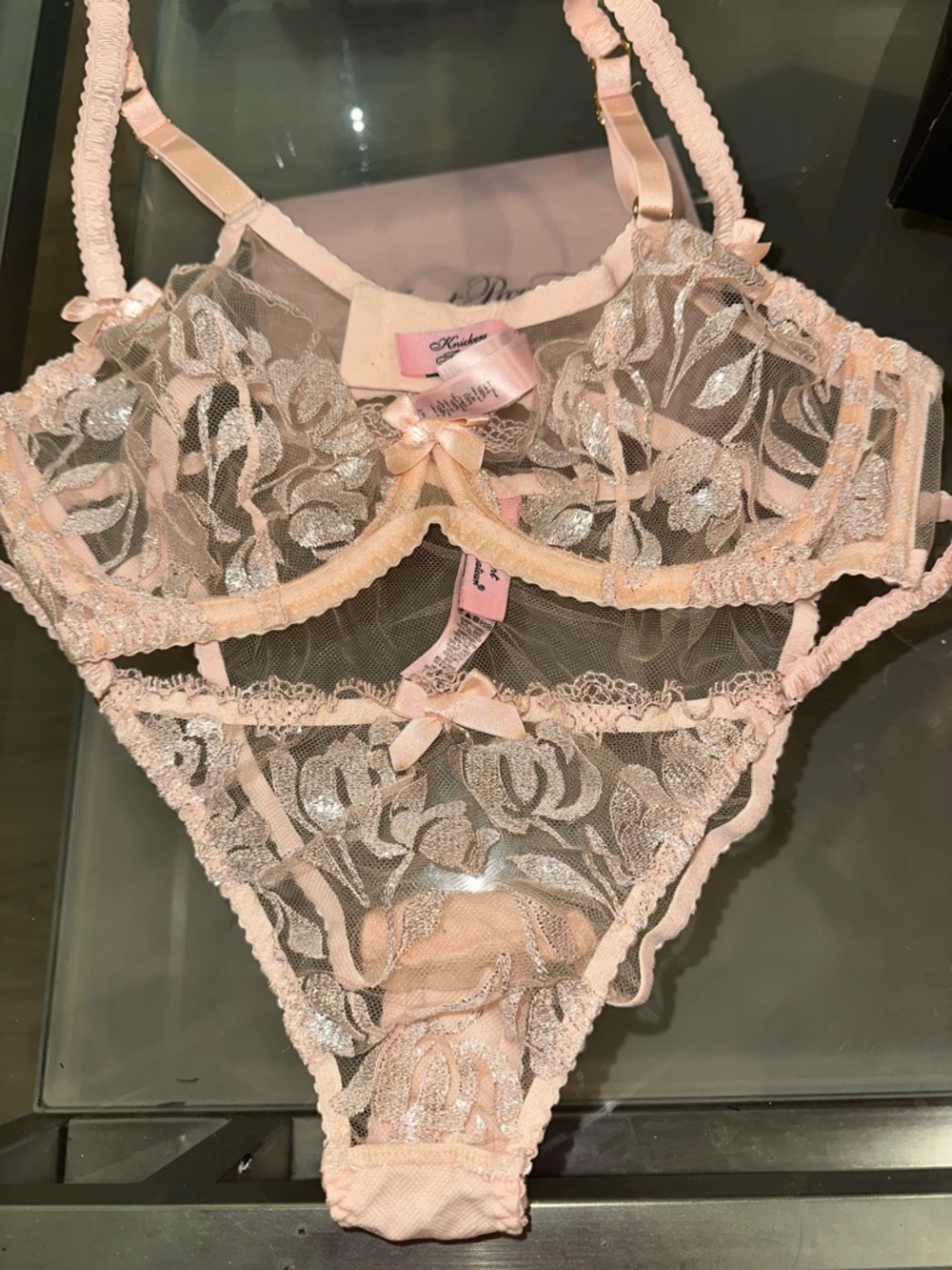 New nwot Agent Provocateur Pale Pink Sheer Lace Bra & Brief Set sparkle 36C 4 - Picture 2 of 5